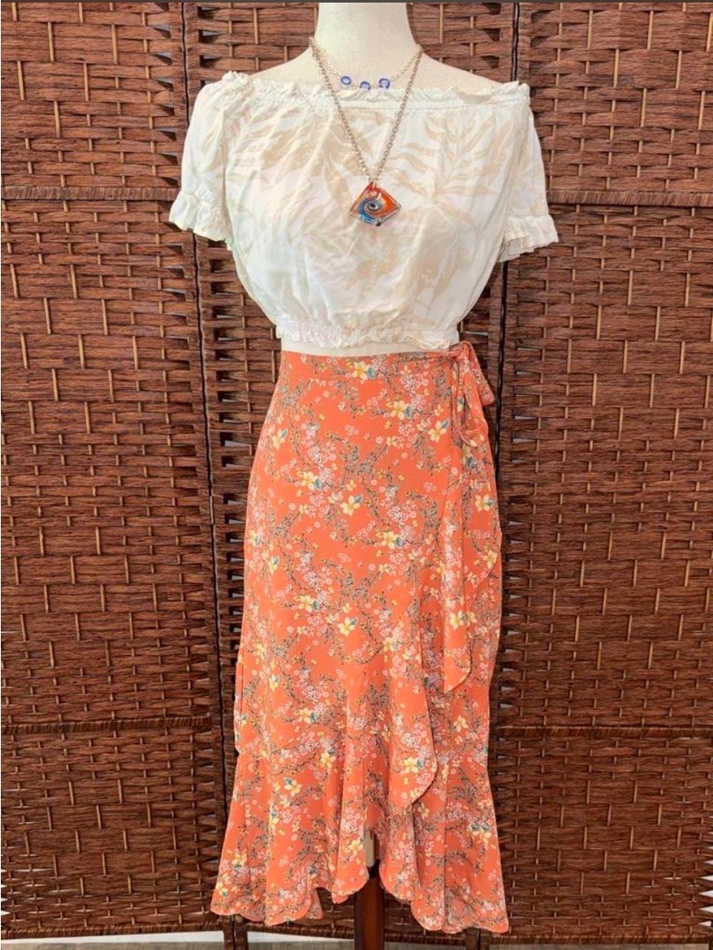 Women’s Orange Floral Wrap Midi Skirt